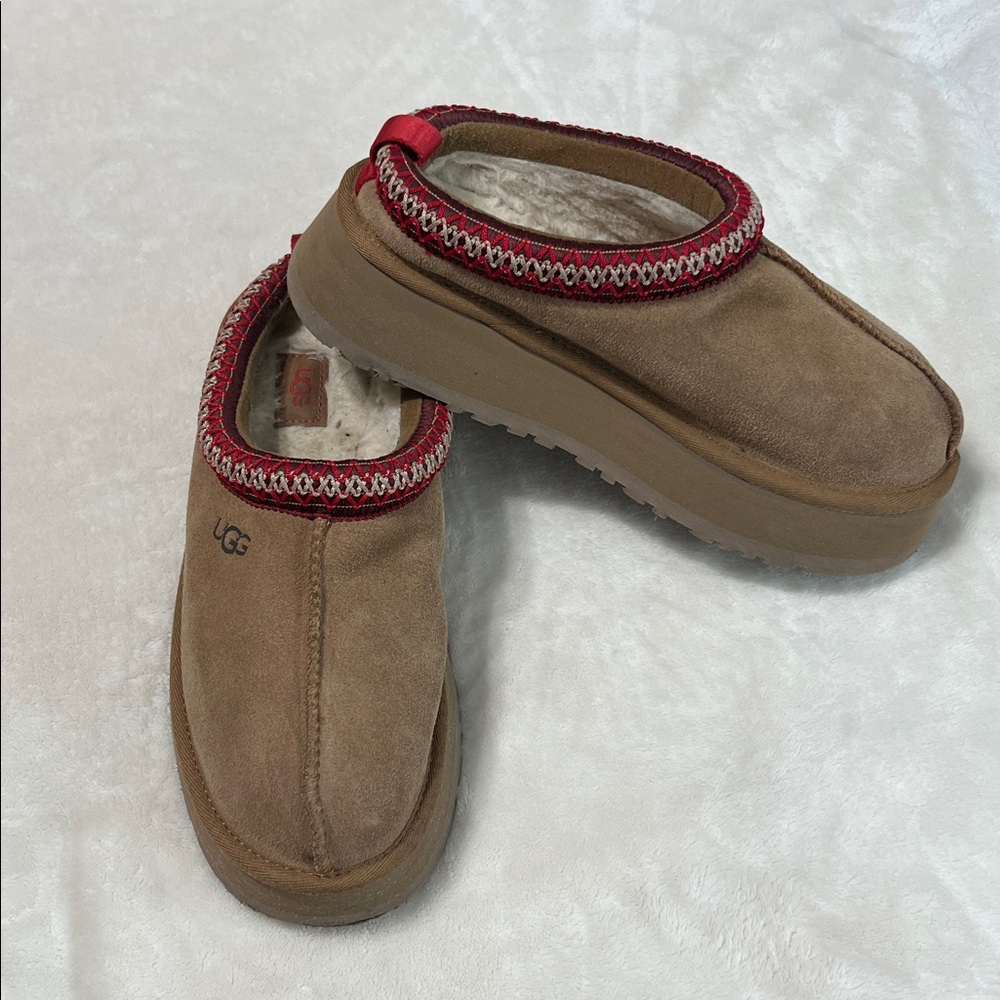 UGG Chestnut Suede Slip-On Slipper Mules with Red Trim